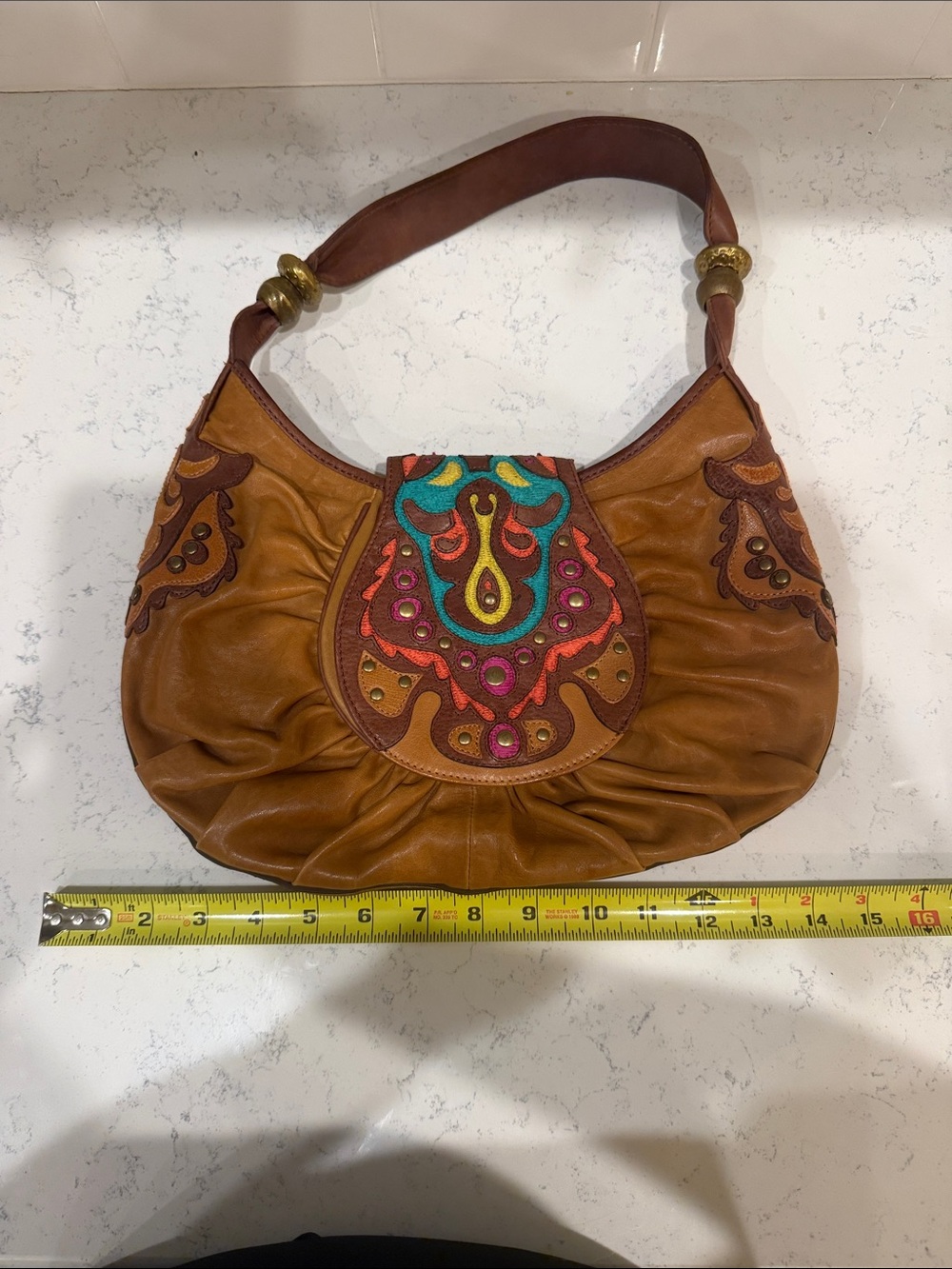 Y2K Colorful Western Brown Leather Shoulder Bag with Multicolor and Stud Flap - Picture 15 of 16